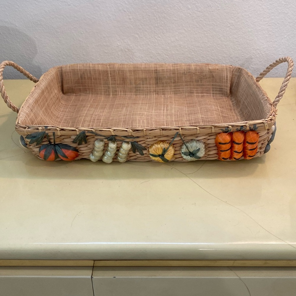 Vintage Woven Raffia Straw Rectangle Casserole Basket.  Handles. Colorful Veggie